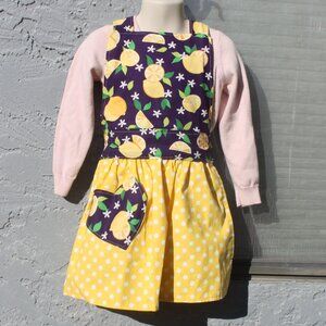 Lemon Print Children's Full Apron Size 3-6 Purple Yellow Handmade Reversible
